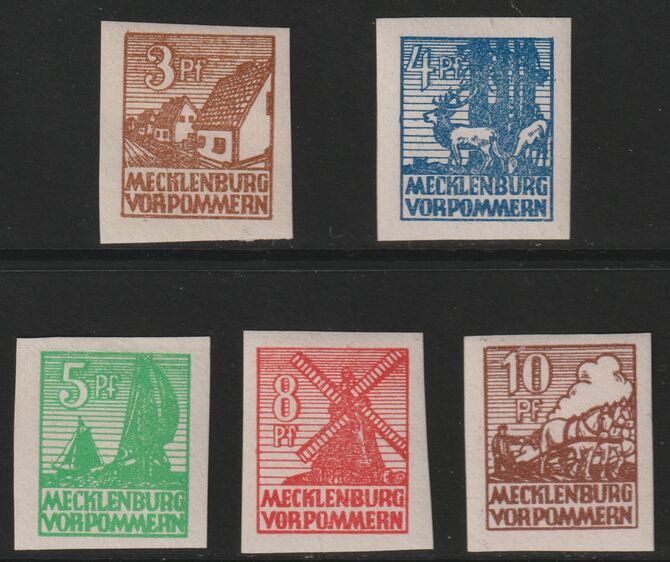 Germany - Allied Occupation - Russian Zone  - Mecklenmburg 1946 imperf set of 5 (ex 4pf claret) mounted mint SGRB22-27, stamps on , stamps on  stamps on windmills, stamps on  stamps on fishing