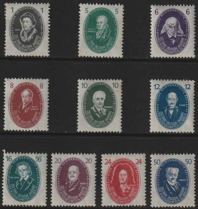 Germany - East 1950 Academy of  Science perf set of 10 unmounted mint SG E20-29, stamps on science