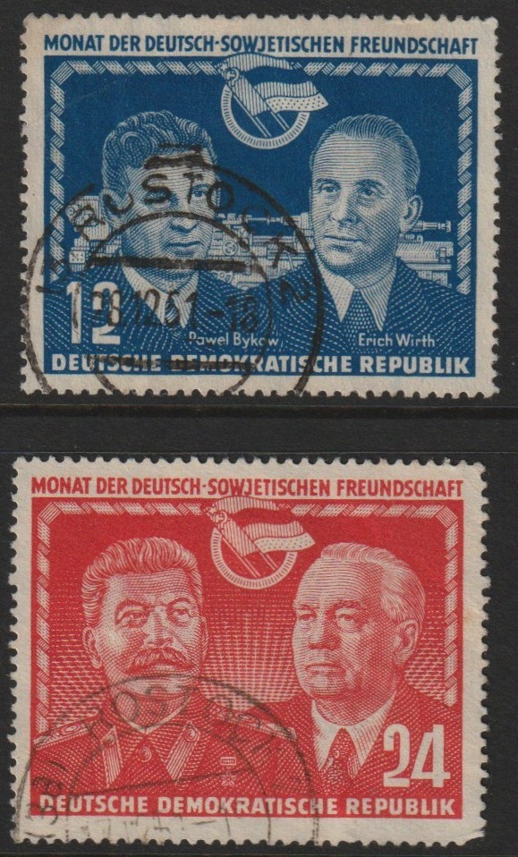 Germany - East 1951 Soviet Friendship perf set of 2 cds used SG E53-54, stamps on constitutions