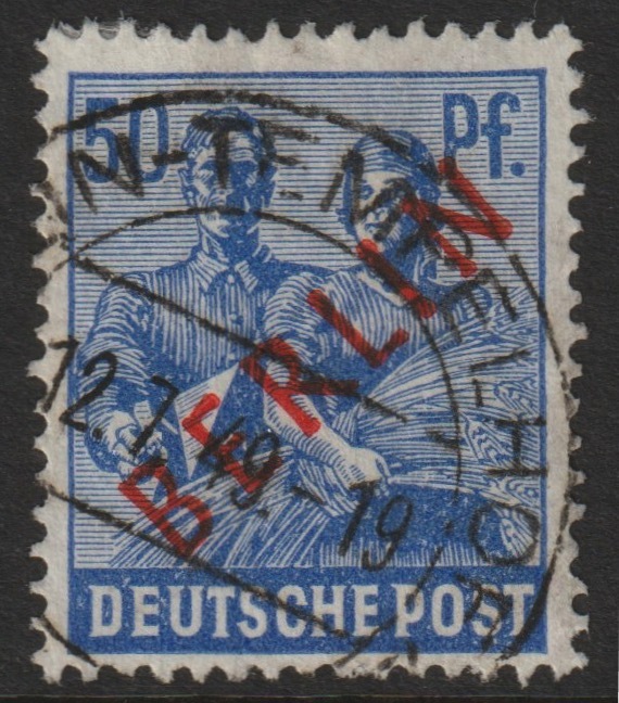 Germany - West Berlin 1948 Opt on 50pf ultramarine cds used SG B13, stamps on farming