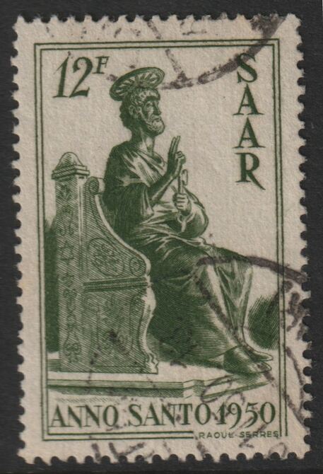 Saar 1950 Holy Year perf s 12f yellow-green good used SG290, stamps on , stamps on  stamps on religion