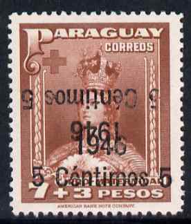 Paraguay 1946 surcharged 5c on 7p + 3p red-brown with surch doubled, one inverted unmounted mint, SG 632var, stamps on , stamps on  stamps on paraguay 1946 surcharged 5c on 7p + 3p red-brown with surch doubled, stamps on  stamps on  one inverted unmounted mint, stamps on  stamps on  sg 632var