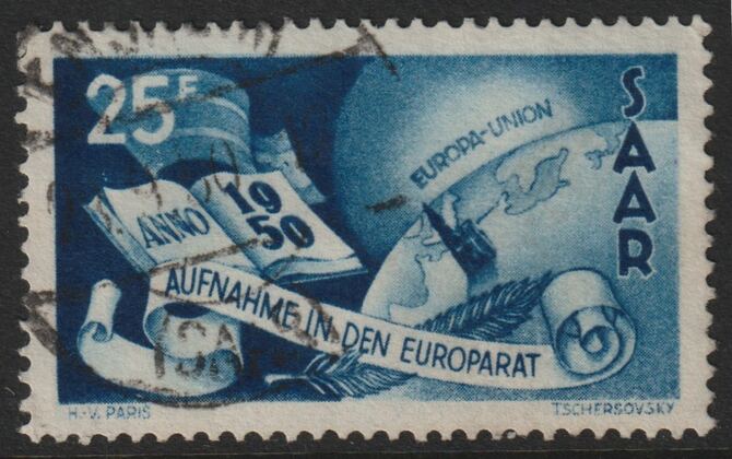 Saar 1950 Council of Europe 25f cds used SG 294, stamps on europa