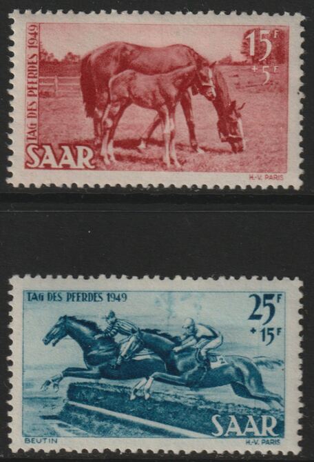 Saar 1949 Horse Day perf set of 2 mounted mint SG262-63, stamps on horses