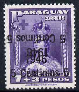 Paraguay 1946 surcharged 5c on 7p + 3p violet with surch doubled, one inverted unmounted mint, SG 633var, stamps on , stamps on  stamps on paraguay 1946 surcharged 5c on 7p + 3p violet with surch doubled, stamps on  stamps on  one inverted unmounted mint, stamps on  stamps on  sg 633var