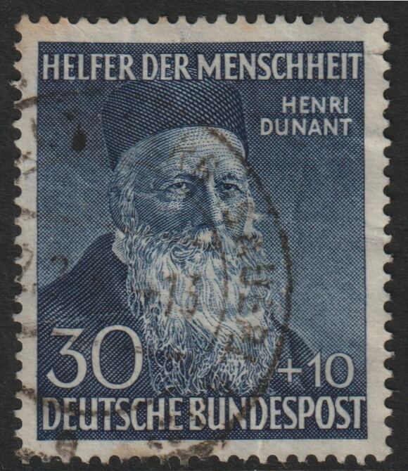 Germany - West 1952 Humanitarian relief Fund 30pf Henri Dunant cds used but wrinkled SG 1085, stamps on personalities, stamps on red cross, stamps on dunant