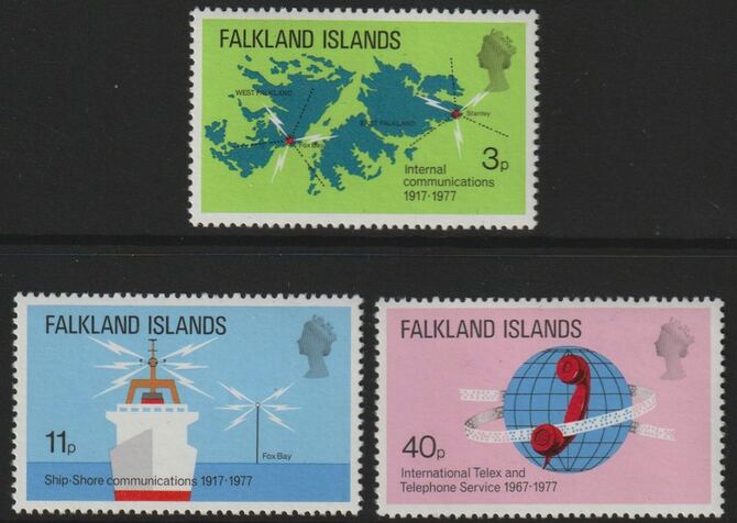 Falkland Islands 1977 Telecommunications perf set of 3 unmounted mint, SG328-30, stamps on , stamps on  stamps on communications, stamps on  stamps on telephones, stamps on  stamps on ships