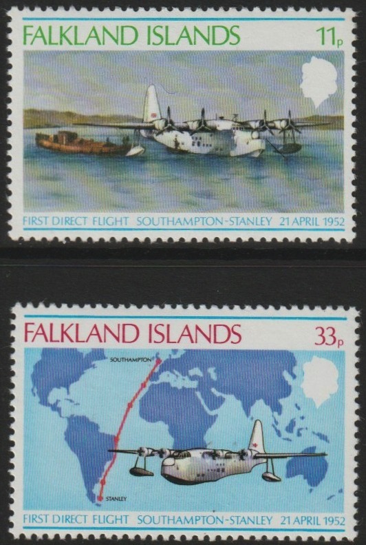 Falkland Islands 1978 Direct Flight Anniversary perf set of 2 unmounted mint, SG346-47, stamps on , stamps on  stamps on aviation, stamps on  stamps on flying boats, stamps on  stamps on maps