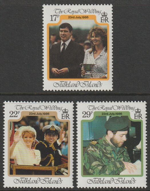 Falkland Islands 1986 Royal Wedding (Andrew & Fergie) perf set of 3 unmounted mint, SG536-38, stamps on royal wedding, stamps on andrew, stamps on fergie, stamps on 