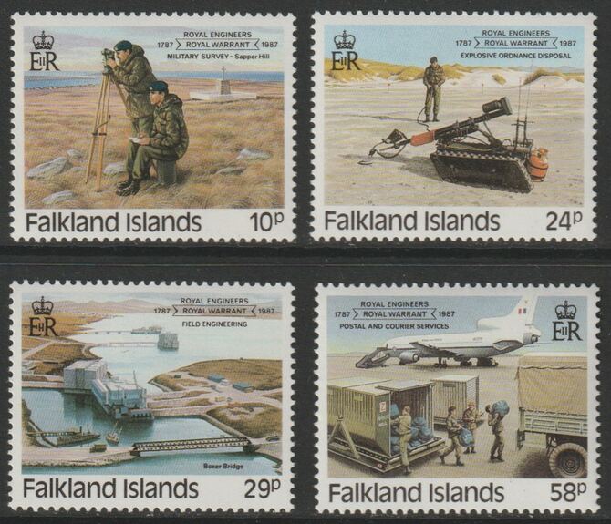 Falkland Islands 1987 Royal Engineers perf set of 4 unmounted mint, SG539-42, stamps on engineering, stamps on postal, stamps on airports, stamps on aviation, stamps on bridges