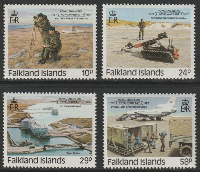 Falkland Islands 1987 Royal Engineers perf set of 4 unmounted mint, SG539-42, stamps on , stamps on  stamps on engineering, stamps on  stamps on postal, stamps on  stamps on airports, stamps on  stamps on aviation, stamps on  stamps on bridges