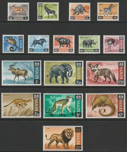 Kenya 1966 Animald def set complete, 16 values unmounted mint, SG20-3538, stamps on animals, stamps on zebra, stamps on ostrich, stamps on rhino, stamps on elephant, stamps on  fox , stamps on monkey, stamps on lion, stamps on 