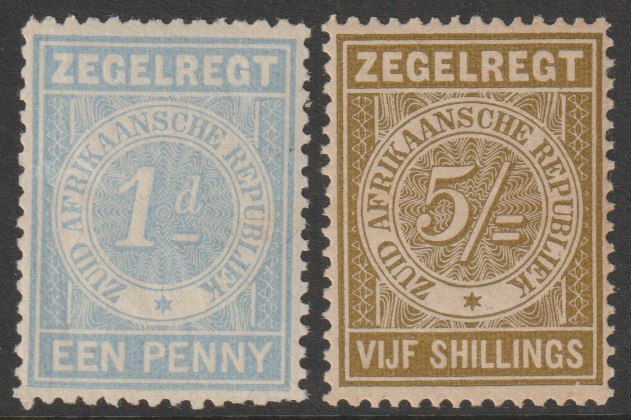 Transvaal 1895 Fiscal Stamps 1d pale bllue & 5s ochre, both unmounted mint, stamps on fiscals