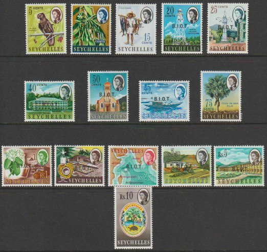 British Indian Ocean Territory 1968 Seychelles set of 15 overprinted BIOT  unmounted mint SG1-15, stamps on , stamps on  stamps on tourism