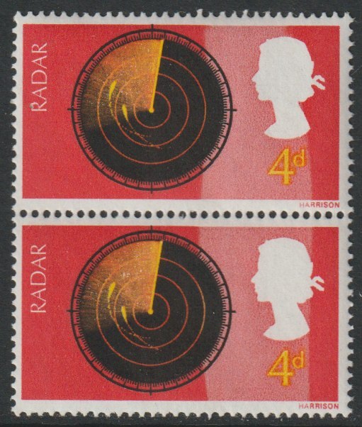 Great Britain 1967 British Discovery 4d Radar vert pair with fine dry print of red  unmounted mint SG752var, stamps on , stamps on  stamps on railwtechnology, stamps on  stamps on science, stamps on  stamps on inventions