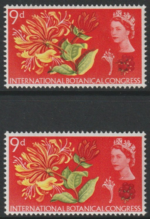 Great Britain 1964 Botanical Conference 9d ord with  fine shift of green(affects leaves etc) plus normal both  unmounted mint SG657varr, stamps on flowers