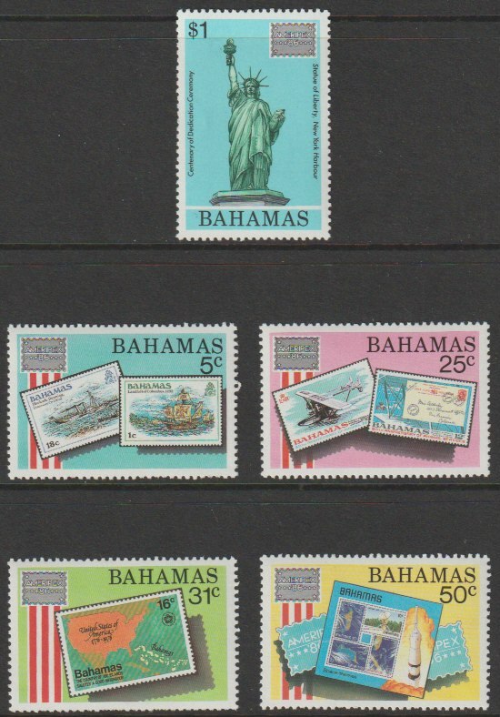Bahamas 1986 Ameripex Stamp Exhibition perf set of 5 unmounted mint SG 746-50, stamps on stamp exhibitions, stamps on statue of liberty, stamps on americana, stamps on space, stamps on stamp on stamp
