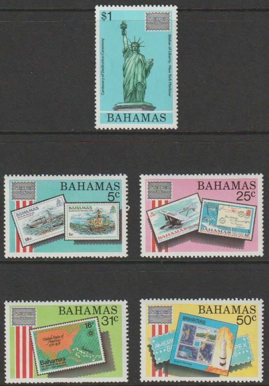 Bahamas 1986 Ameripex Stamp Exhibition perf set of 5 unmounted mint SG 746-50, stamps on , stamps on  stamps on stamp exhibitions, stamps on  stamps on statue of liberty, stamps on  stamps on americana, stamps on  stamps on space, stamps on  stamps on stamp on stamp