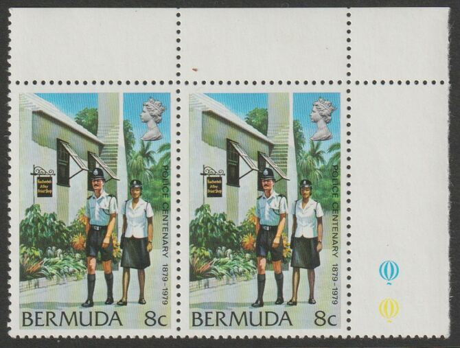 Bermuda 1979 Police 8c corner pair with inverted watermark unmounted mint SG 409Ei, stamps on policew