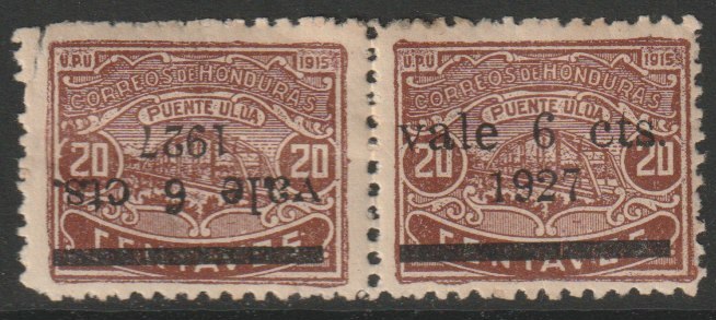 Honduras 1927Surcharged 6c on 20c horiz pair one stamp with surch inverted mounted mint, SG 245d, stamps on tete-beche