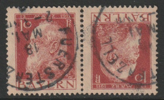 Germany - Bavaria 1911 Prince Luitpold 10c (type I) tete-beche pair good used SG 140b, stamps on tete-beche