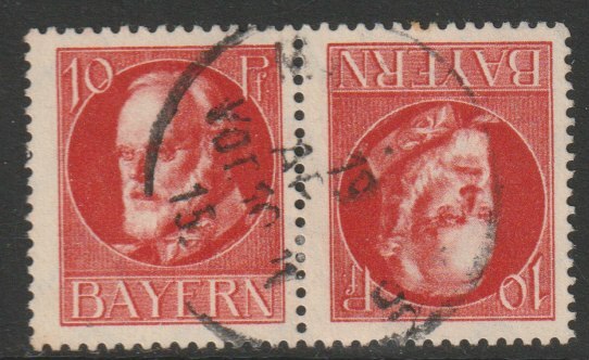 Germany - Bavaria 1914 King Ludwig 10c tete-beche pair cds used SG 177Aa, stamps on tete-beche