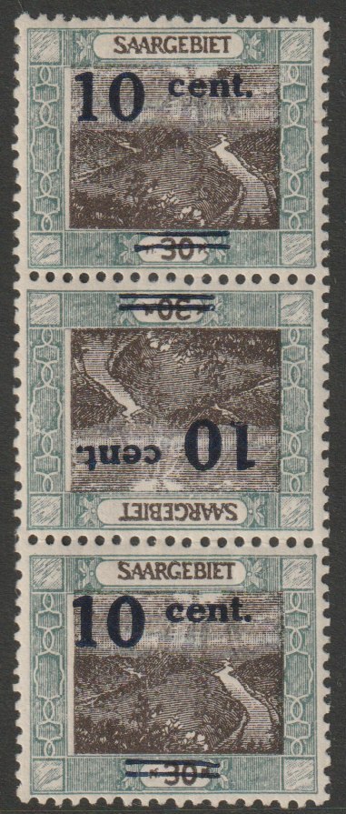 Saar 1921 Pictorial 10f on 30pf tete-beche strip of 3 mounted mint SG 72a, stamps on tete-beche, stamps on 
