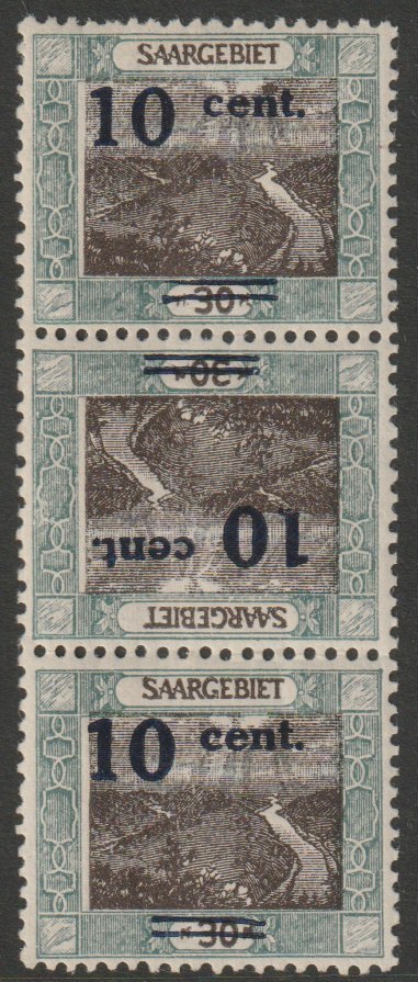 Saar 1921 Pictorial 10f on 30pf tete-beche strip of 3 mounted mint SG 72a, stamps on , stamps on  stamps on tete-beche, stamps on  stamps on 