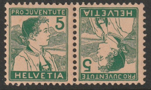 Switzerland - Pro Juventute 5c Appenzell tete-beche pair unmounted mint SGJ1b, stamps on tete-beche, stamps on 