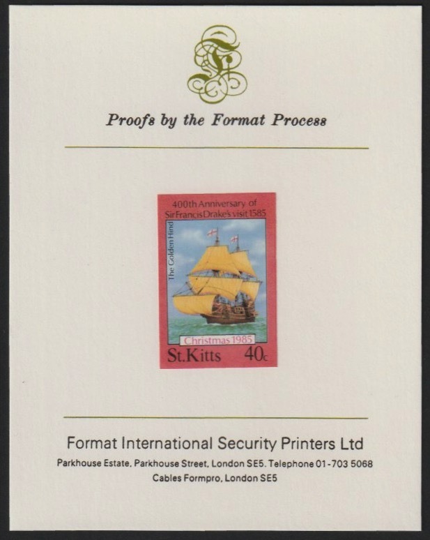 St Kitts 1985 Christmas (Sir Francis Drake) 40c (Golden Hind) imperf proof mounted on Format International Proof card, rare thus as SG182, stamps on christmas, stamps on explorers, stamps on ships, stamps on bowls, stamps on drake