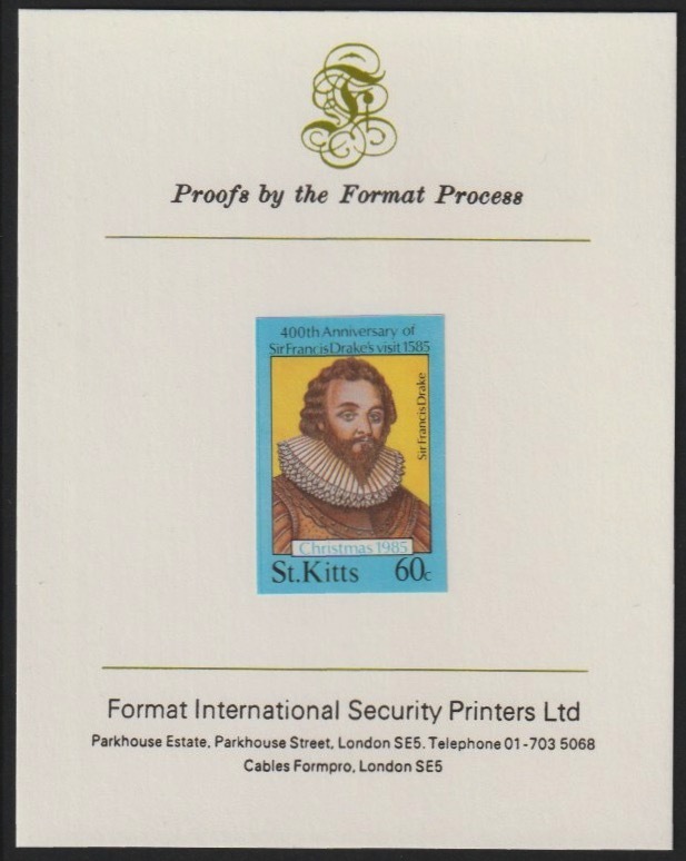 St Kitts 1985 Christmas 60c (Sir Francis Drake) imperf proof mounted on Format International Proof card, rare thus as SG183, stamps on , stamps on  stamps on christmas, stamps on  stamps on  explorers, stamps on  stamps on drake, stamps on  stamps on personalities, stamps on  stamps on bowls