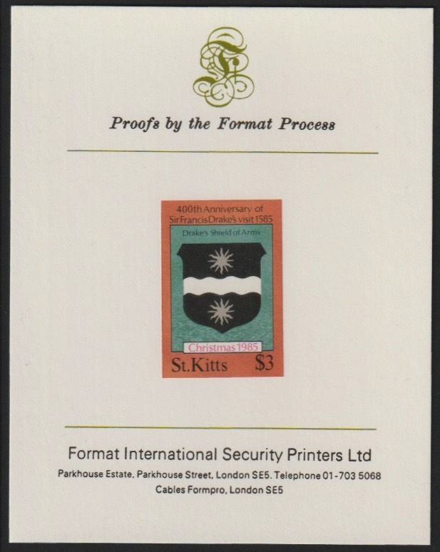 St Kitts 1985 Christmas (Sir Francis Drake) $3 (Drakes Heraldic Shield) imperf proof mounted on Format International Proof card, rare thus as SG184, stamps on christmas, stamps on explorers, stamps on heraldry, stamps on arms, stamps on bowls, stamps on drake