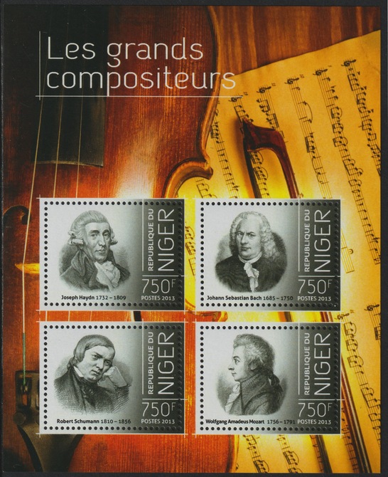 Niger Republic 2013 Great Composers perf sheet containing 4 values unmounted mint, stamps on , stamps on  stamps on personalities, stamps on  stamps on music, stamps on  stamps on composers, stamps on  stamps on haydn, stamps on  stamps on bach, stamps on  stamps on schumann, stamps on  stamps on mozart