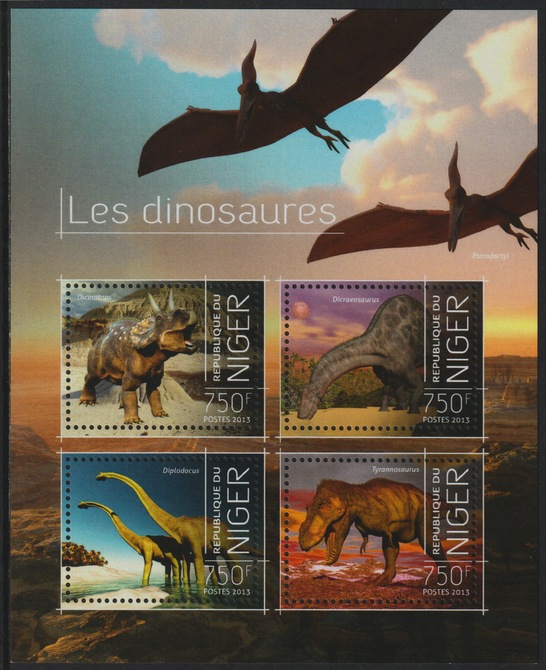 Niger Republic 2013 Dinosaurs perf sheet containing 4 values unmounted mint, stamps on dinosaurs