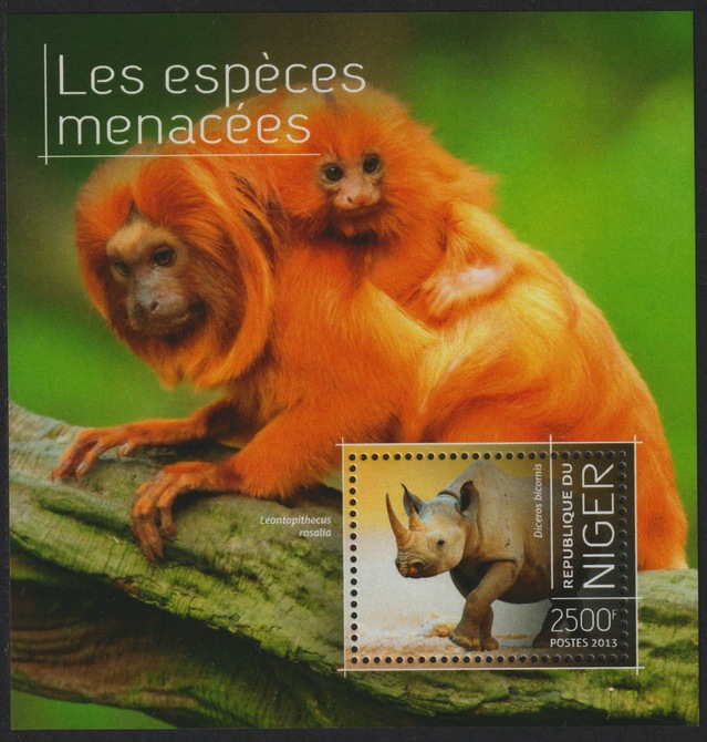 Niger Republic 2013 Endangered Species perf m/sheet containing 1 value unmounted mint, stamps on animals, stamps on  wwf , stamps on rhinos