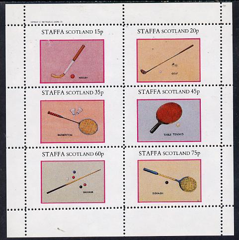 Staffa 1982 Sports Accessories (Hockey, Golf, Table-Tennis, Squash etc) perf set of 6 values (15p to 75p) unmounted mint, stamps on sport   golf    table tennis   field hockey    snooker     squash    badminton