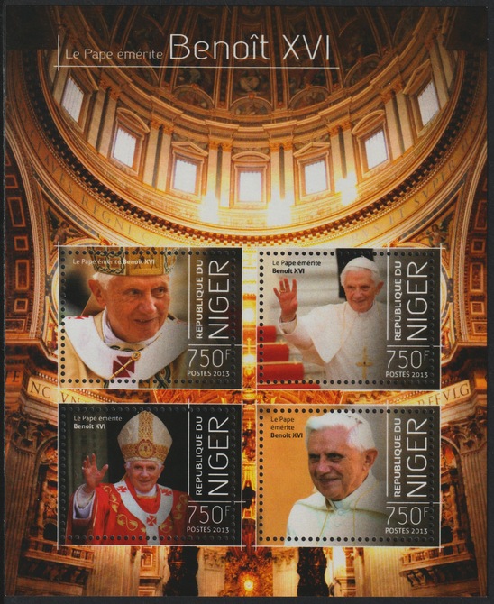 Niger Republic 2013 Pope Benedict perf sheet containing 4 values unmounted mint, stamps on , stamps on  stamps on personalities, stamps on  stamps on religion, stamps on  stamps on pope