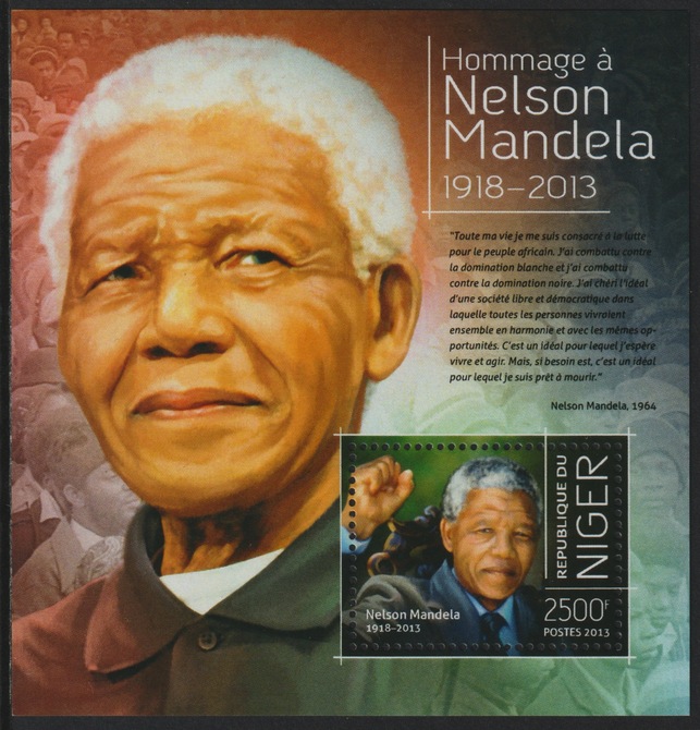 Niger Republic 2013 Nelson Mandela perf m/sheet #2 containing 1value unmounted mint, stamps on personalities, stamps on mandela