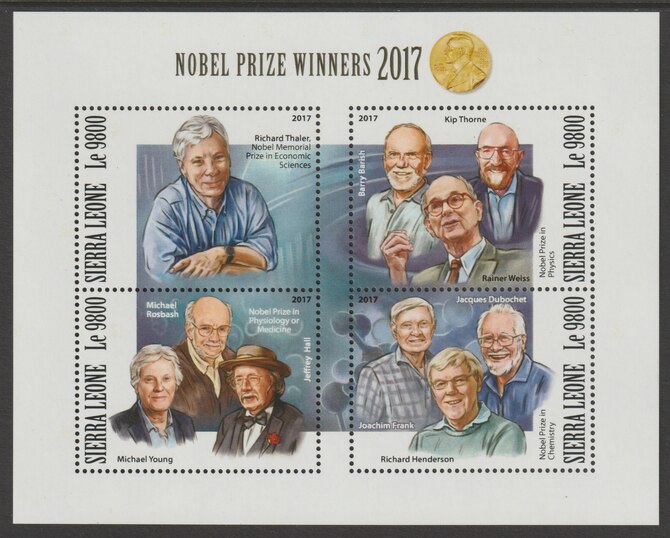 Sierra Leone 2017 Nobel Prize Winners perf sheetlet containing 4 values unmounted mint, stamps on nobel