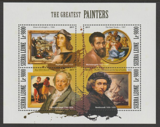 Sierra Leone 2017 Great Painters perf sheetlet containing 4 values unmounted mint, stamps on arts, stamps on goya, stamps on rembrandt, stamps on raphael, stamps on michelamgelo
