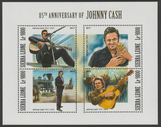 Sierra Leone 2017 Johnny Cash 85th Birth Anniv perf sheetlet containing 4 values unmounted mint, stamps on music, stamps on cash