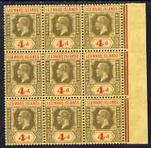 Leeward Islands 1912-22 KG5 4d MCA marginal block of 9 light toning but unmounted mint, SG 52, stamps on , stamps on  stamps on , stamps on  stamps on  kg5 , stamps on  stamps on 