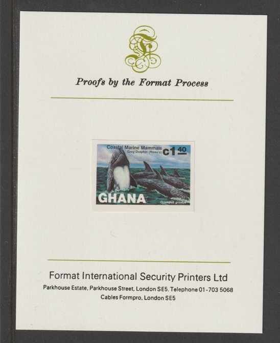 Ghana 1983 Marine Mammals 1c40 (Risso's Dolphin) imperf proof mounted on Format International proof card, as SG 1033, stamps on animals, stamps on marine life, stamps on whales, stamps on dolphins
