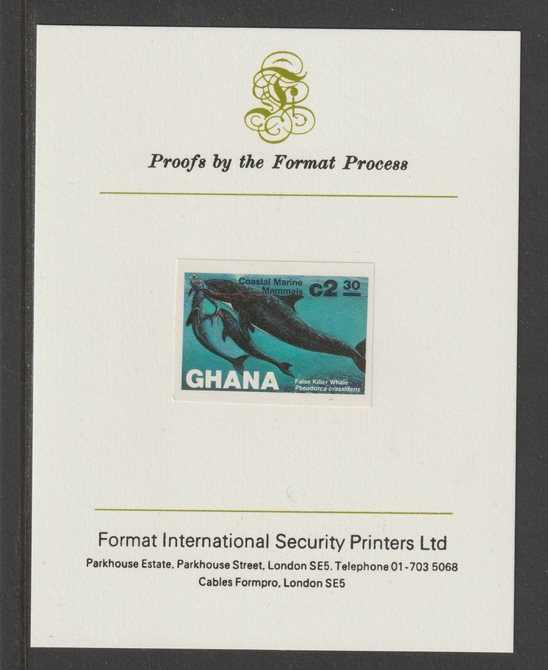 Ghana 1983 Marine Mammals 2c30 (False Killer Whale) imperf proof mounted on Format International proof card, as SG 1034, stamps on animals, stamps on marine life, stamps on whales, stamps on 