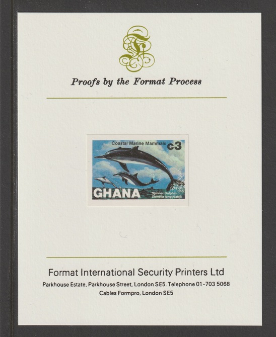 Ghana 1983 Marine Mammals 3c (Spinner Dolphin) imperf proof mounted on Format International proof card, as SG 1035, stamps on animals, stamps on marine life, stamps on whales, stamps on dolphins