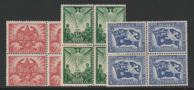 Australia 1946 Victory set of 3 in unmounted mint blocks of 4, stamps on . kg6 , stamps on  ww2 , stamps on 