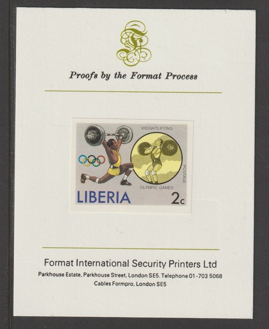 Liberia 1976 Montreal Olympics 2c Weightlifting imperf proof mounted on Format International proof card, as SG 1270, stamps on olympics, stamps on weightlifting