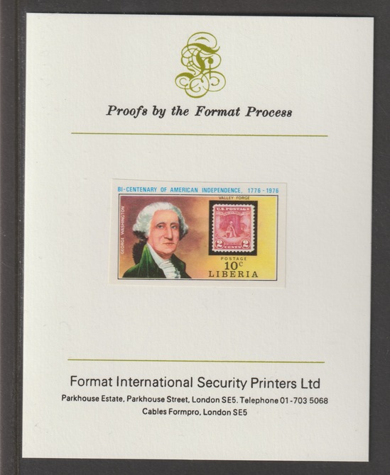 Liberia 1975 US Bicentenary 10c George Washington iimperf mounted on Format International proof card, as SG 1234, stamps on americana, stamps on stamp on stamp, stamps on washington, stamps on us presidents, stamps on 