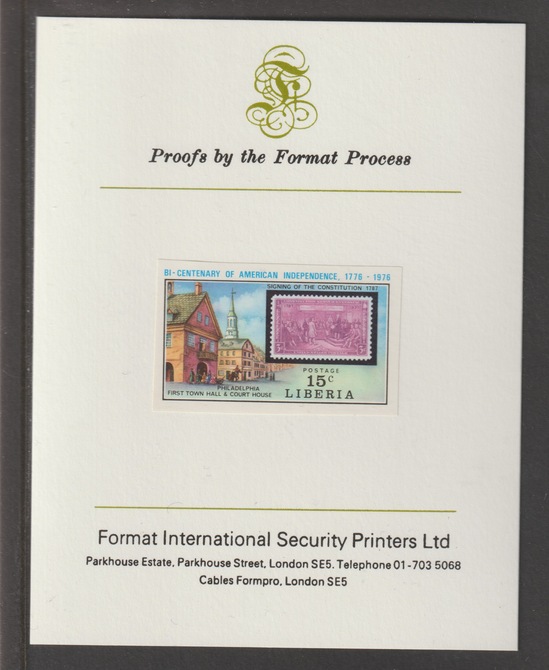Liberia 1975 US Bicentenary 15c Philadelphia iimperf mounted on Format International proof card, as SG 1235, stamps on americana, stamps on stamp on stamp, stamps on 