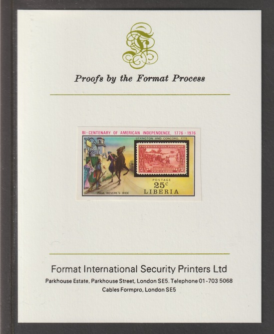 Liberia 1975 US Bicentenary 25c Paul Revere's Ride iimperf mounted on Format International proof card, as SG 1237, stamps on americana, stamps on stamp on stamp, stamps on revere, stamps on horses